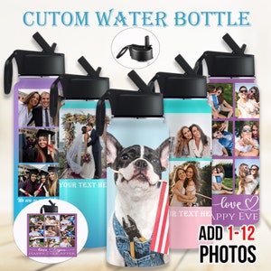 May include: Four customizable water bottles with different designs. The bottles are clear with a black lid and a straw. The designs include a group of people, a wedding couple, a dog, and a couple. The text on the bottles says "Your Text Here" and "Love You Happy Ever After".