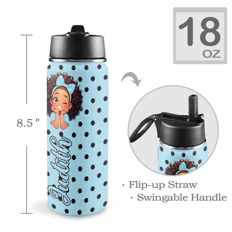 May include: A light blue water bottle with black polka dots, a black lid, and a flip-up straw. The bottle features a cartoon girl with a blue headband and the name Judith in script. It measures 8.5 inches in height and holds 18 ounces.
