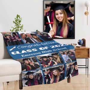 Graduate Keepsake Personalized Class of 2024 Photo Collage Fleece Blankets, Unique Graduation Gifts for Son, Going Away Gifts For Friends