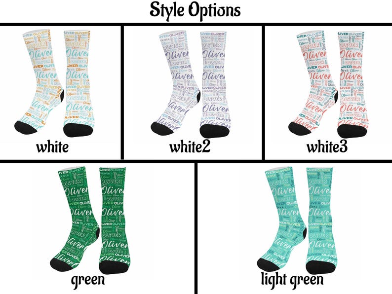 K&ouml;nnte beinhalten: F&uuml;nf Paar Socken mit dem Namen Oliver in verschiedenen Schriftarten und Farben. Die Stile umfassen Wei&szlig; mit blauem und orangefarbenem Text, Wei&szlig; mit grauem Text, Wei&szlig; mit rotem und blauem Text, Gr&uuml;n mit wei&szlig;em Text und Hellgr&uuml;n mit wei&szlig;em Text.