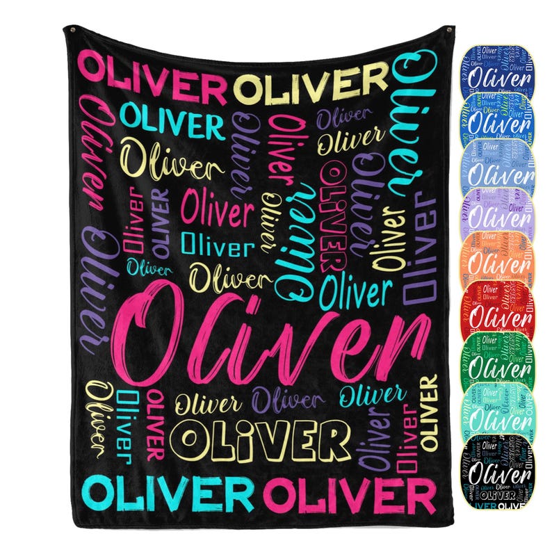 K&ouml;nnte beinhalten: Eine schwarze Decke mit dem Namen Oliver, der in verschiedenen Schriftarten, Gr&ouml;&szlig;en und Farben wie Pink, Gelb, Lila und Cyan wiederholt wird. Rechts zeigt eine vertikale Spalte neun kreisf&ouml;rmige Farbmuster mit dem Namen in verschiedenen Farbkombinationen.