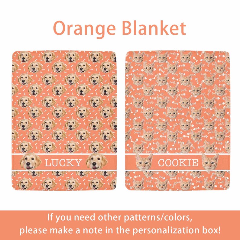 May include: Two orange blankets with pet-themed patterns. One features dog faces and bones, the other cat faces and fish bones. The dog blanket has the name "LUCKY" and the cat blanket has the name "COOKIE". The text "Orange Blanket" is at the top.