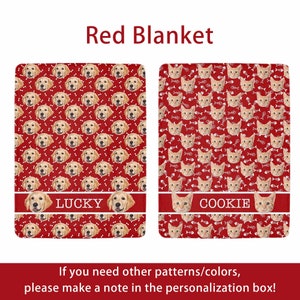May include: Red blanket with a repeating pattern of dog faces and bones, and a second blanket with cat faces and fish bones. The word "LUCKY" is printed on the dog blanket and "COOKIE" on the cat blanket.