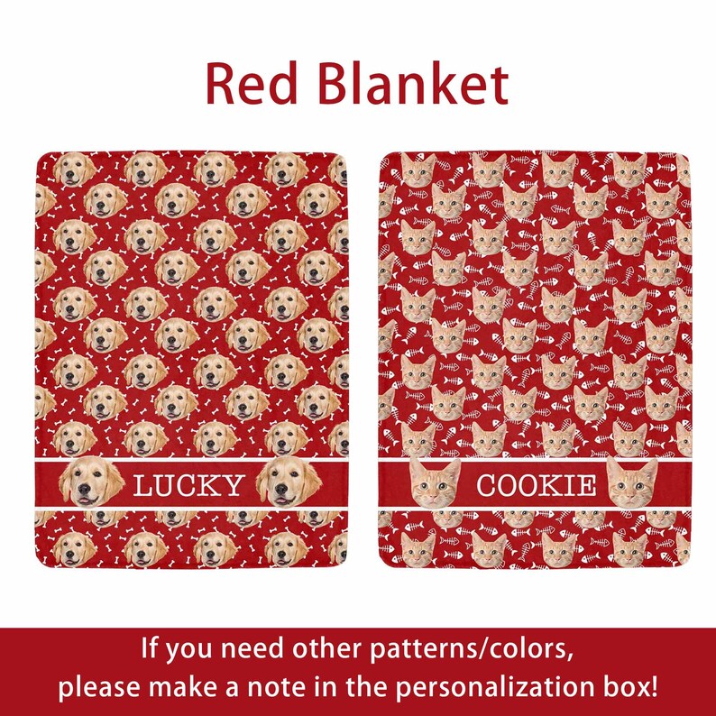 May include: Red blanket with a repeating pattern of dog faces and bones, and a second blanket with cat faces and fish bones. The word "LUCKY" is printed on the dog blanket and "COOKIE" on the cat blanket.