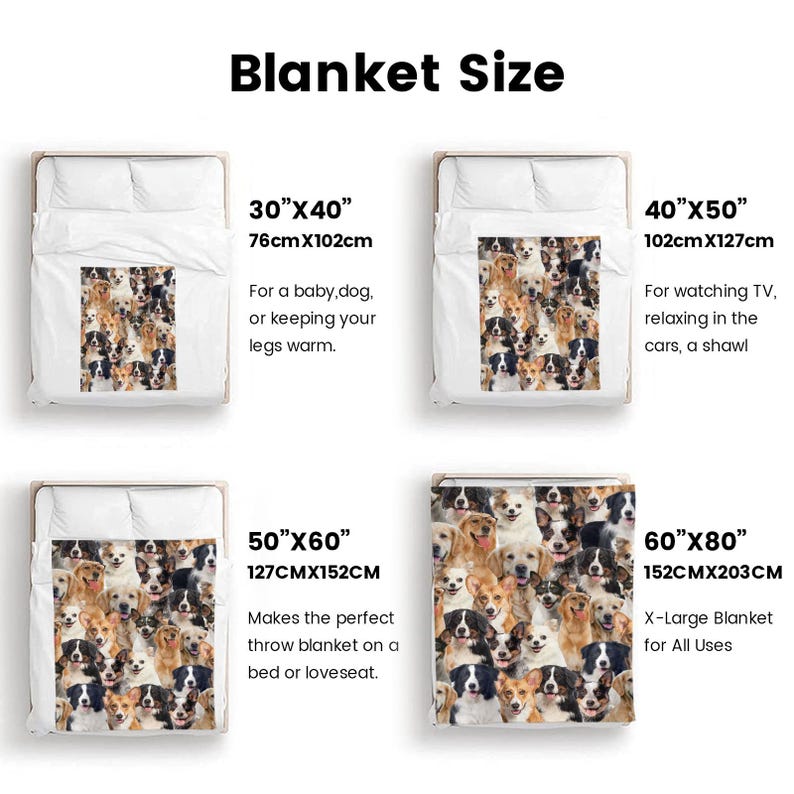 May include: A graphic showing different sizes of blankets with a collage of dog faces. The sizes are 30"x40", 40"x50", 50"x60", and 60"x80". The measurements are also given in centimeters.