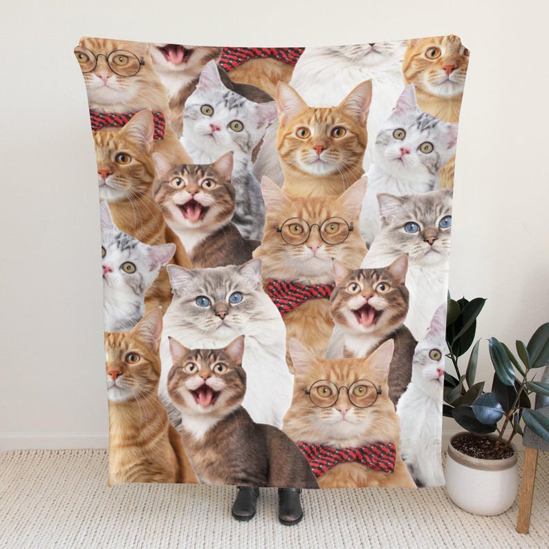 May include: A white background with a collage of many cats. The cats are all different colors and breeds, and some are wearing glasses. The cats are all looking at the camera.
