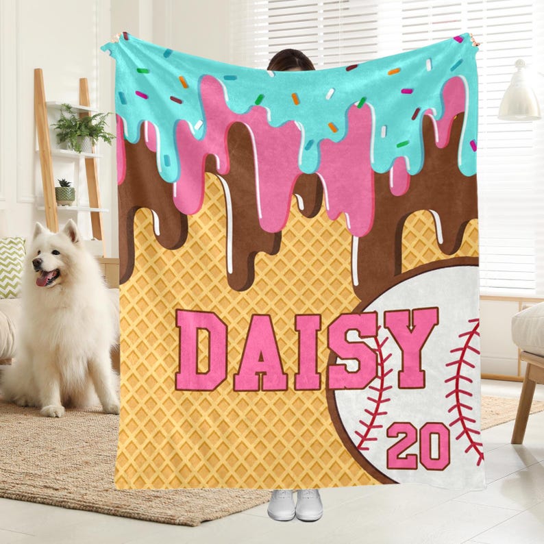 Personalized Ice Cream Baseball Blanket: Custom IceCream Drip Design Gifts for Kids afbeelding 2