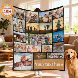 May include: A personalized photo collage blanket featuring multiple family photos arranged in a grid. The blanket has a black border and includes a section with the text "Your text here" and the word "FAMILY".