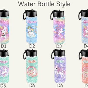 May include: Eight cylindrical water bottles with black lids and carrying loops, labeled D1 through D4 and D5 through D4. Each bottle features a unique unicorn graphic, pastel color palette, glitter-like patterns, and personalized names.