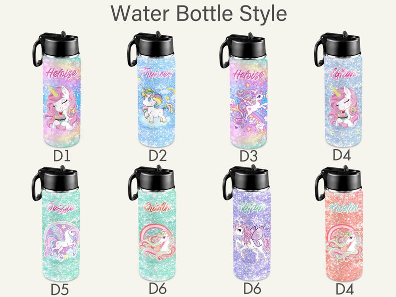 May include: Eight cylindrical water bottles with black lids and carrying loops, labeled D1 through D4 and D5 through D4. Each bottle features a unique unicorn graphic, pastel color palette, glitter-like patterns, and personalized names.