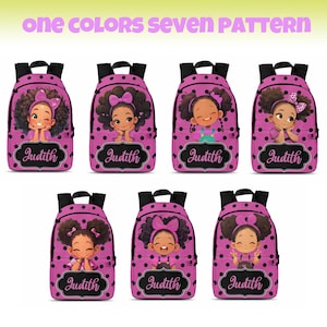 May include: Seven pink backpacks with black polka dots, each featuring a cartoon illustration of a girl with curly hair and the name Judith printed in a black decorative frame. The text one colors seven pattern appears at the top.