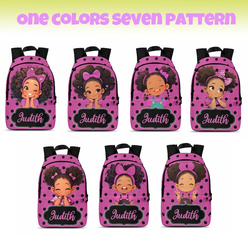 May include: Seven pink backpacks with black polka dots, each featuring a cartoon illustration of a girl with curly hair and the name Judith printed in a black decorative frame. The text one colors seven pattern appears at the top.