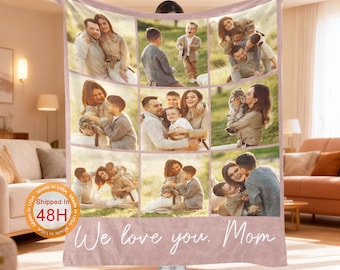 May include: A personalized pink fleece blanket featuring a collage of family photos. The blanket has a light pink border and the words "We love you, Mom" in a cursive font. The blanket is a cozy and sentimental gift.