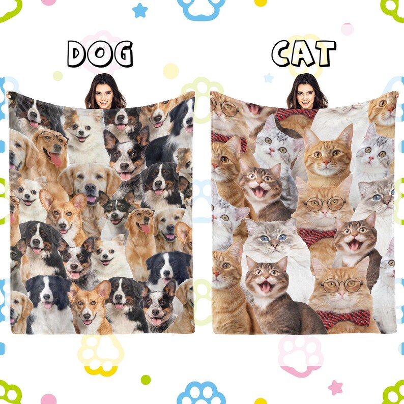 May include: A blanket featuring a collage of dog and cat faces. The blanket is divided into two sections, one for dogs and one for cats. The dog section features a variety of dog breeds, including golden retrievers, corgis, and poodles. The cat section features a variety of cat breeds, including tabby cats, Siamese cats, and Persian cats.
