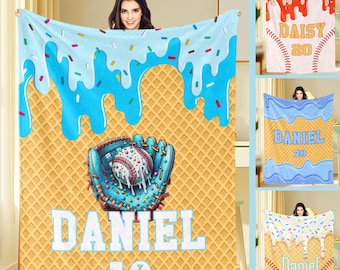 Personalized Ice Cream Baseball Blanket: Custom Drip Design Gifts