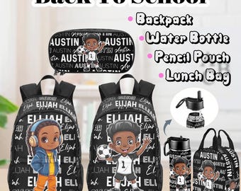 May include: Back-to-school set featuring a backpack, pencil pouch, water bottle, and lunch bag. The black and white designs include illustrations of a boy with the names "Elijah" and "Austin". The text "Back to School" is at the top.