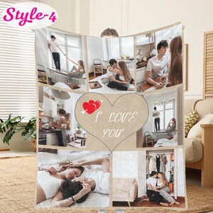 May include: A custom photo collage blanket featuring multiple candid images of a couple in various domestic settings, centered around a large beige heart graphic containing the white text I LOVE YOU and two small red hearts with an arrow.
