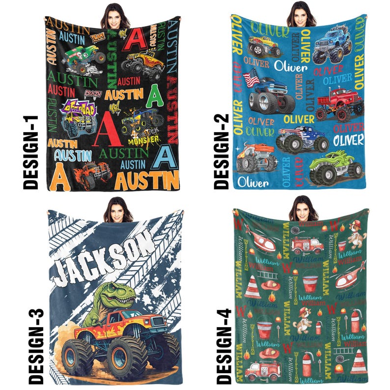 May include: Four fleece blankets with different designs. Design 1 is black with the name "Austin" and monster truck graphics. Design 2 is blue with the name "Oliver" and monster truck graphics. Design 3 is blue with the name "Jackson" and a dinosaur monster truck. Design 4 is green with the name "William" and fire truck graphics.