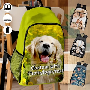 May include: A lime green backpack featuring a large, high-resolution print of a golden retriever dog on the front pocket. The text "Custom with Photo/logo/text" is printed in black across the lower portion of the dog image. It has black straps.