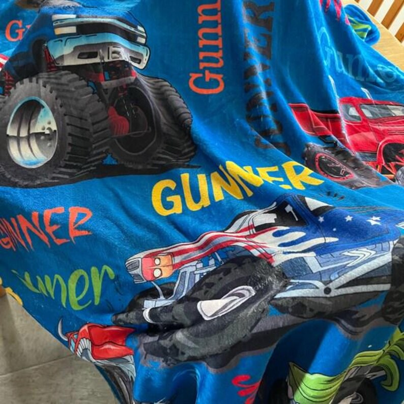 Personalized Monster Truck Kids Blanket - Custom Boys Name Throw, Birthday/Graduation season gifts image 6