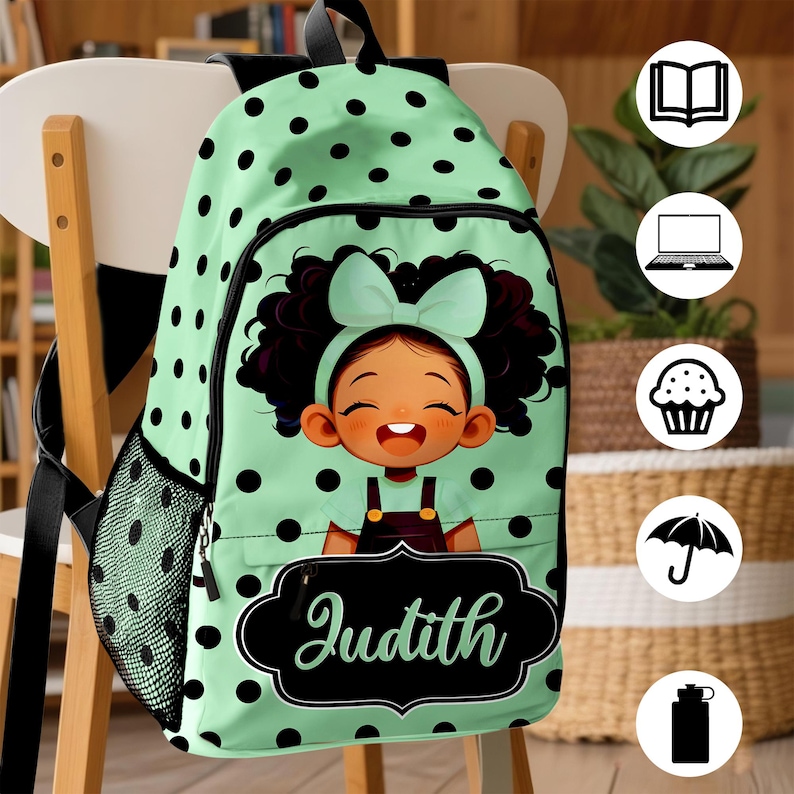 May include: A light green backpack with black polka dots featuring a cartoon illustration of a child with dark curly hair and a light green bow. The front pocket displays a black decorative label with the name Judith written in white script.