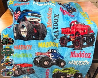 Personalized Monster Trucks Blanket, Customized Boys Name Blanket, Birthday Gift for kids
