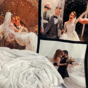 May include: A soft white fleece blanket featuring three distinct printed wedding photographs. The images display couples in formal attire, including a bride in a white gown and a groom in a suit, captured during celebratory moments with confetti.