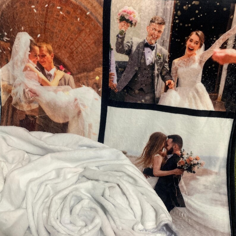 May include: A soft white fleece blanket featuring three distinct printed wedding photographs. The images display couples in formal attire, including a bride in a white gown and a groom in a suit, captured during celebratory moments with confetti.
