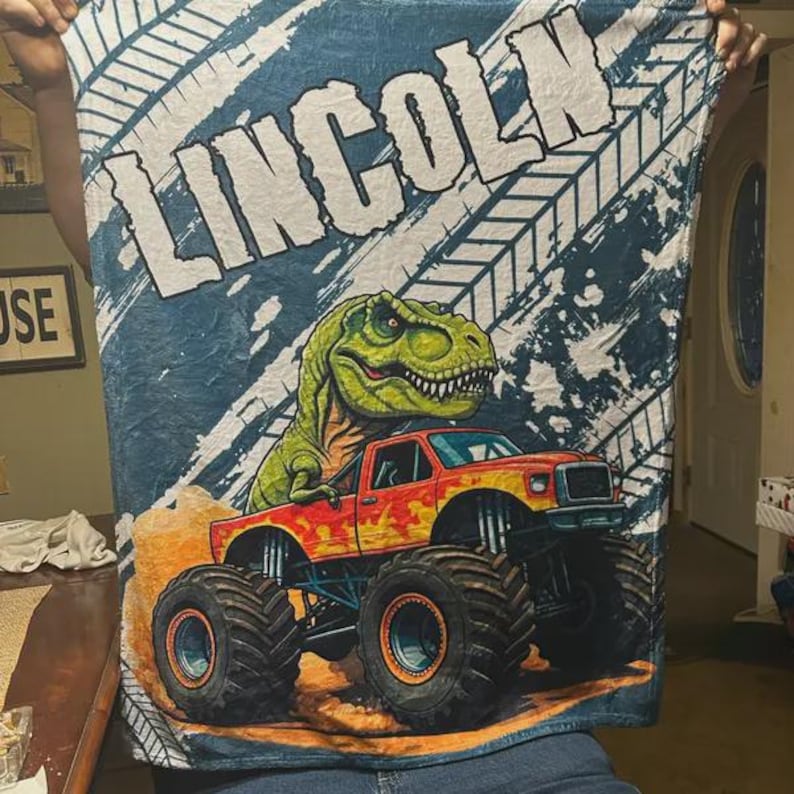 Personalized Monster Truck Kids Blanket - Custom Boys Name Throw, Birthday/Graduation season gifts image 3