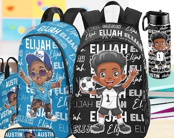 May include: A blue backpack with a cartoon character wearing sunglasses and a cap, a black backpack with a cartoon soccer player, a matching black water bottle, and a blue pencil case. All items feature the repeated name Elijah or Austin.