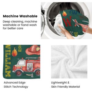 May include: A green and red themed blanket with a fire truck, firefighter hat, and the name "WILLIAM". The blanket is machine washable and made with lightweight, skin-friendly material. The image also shows a blanket being washed.