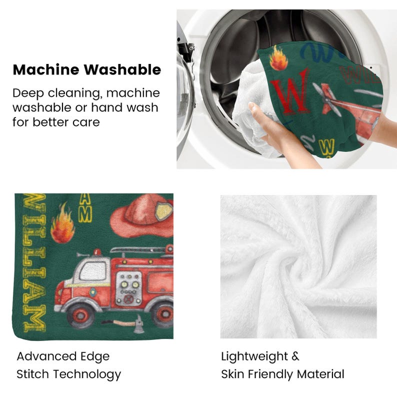 May include: A green and red themed blanket with a fire truck, firefighter hat, and the name "WILLIAM". The blanket is machine washable and made with lightweight, skin-friendly material. The image also shows a blanket being washed.