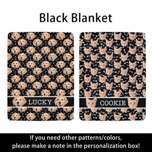 May include: Two black blankets with pet-themed designs. One features golden retriever faces and bones, the other has cat faces and fish bones. Each blanket has a name banner: "LUCKY" and "COOKIE".