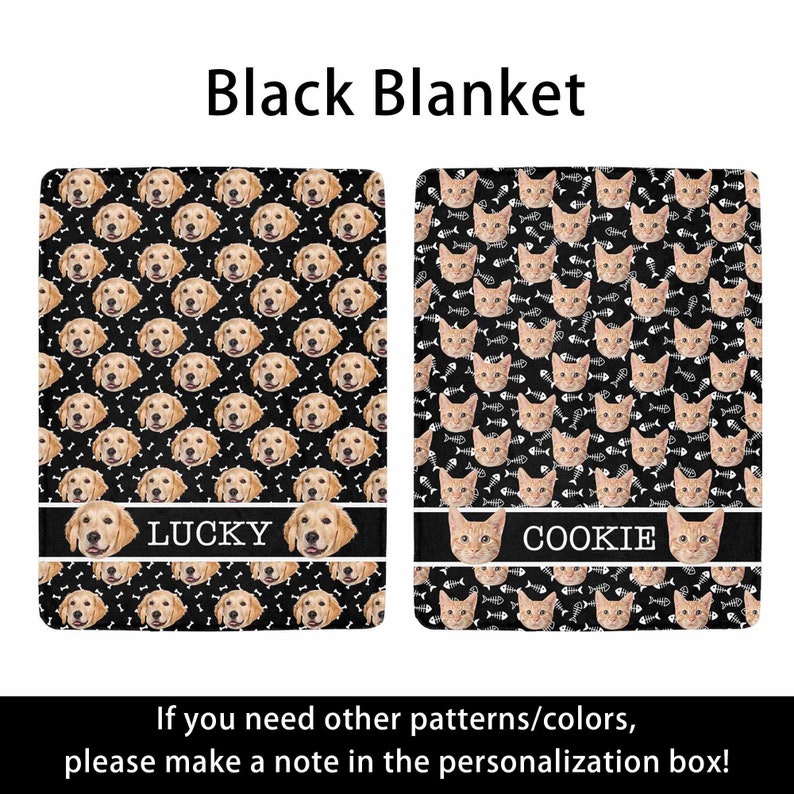 May include: Two black blankets with pet-themed designs. One features golden retriever faces and bones, the other has cat faces and fish bones. Each blanket has a name banner: "LUCKY" and "COOKIE".