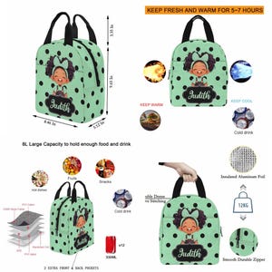 May include: A mint green lunch bag with black polka dots featuring a cartoon girl and the name Judith. It measures 8.46 inches wide, 9.65 inches high, and 5.12 inches deep. The bag includes black handles, a zipper, and insulated aluminum foil lining.