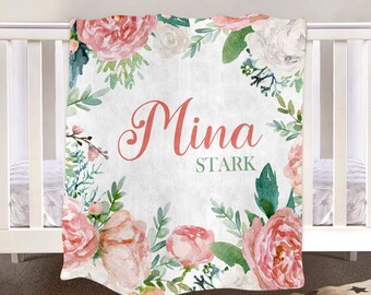 Personalized Floral Baby Blanket: Custom Name Fleece Blanket
