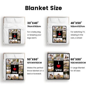 May include: A size guide for custom photo blankets featuring four rectangular blankets displayed on beds. Each blanket shows a grid of photos surrounding the text I love you with a red heart. Sizes listed are 30x40 inches, 40x50 inches, 50x60 inches, and 60x80 inches.