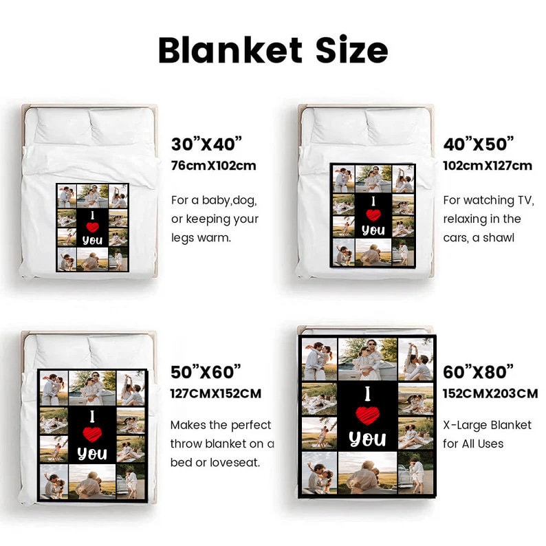 May include: A size guide for custom photo blankets featuring four rectangular blankets displayed on beds. Each blanket shows a grid of photos surrounding the text I love you with a red heart. Sizes listed are 30x40 inches, 40x50 inches, 50x60 inches, and 60x80 inches.