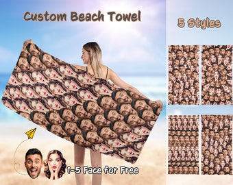 May include: A custom beach towel with a pattern of multiple faces. The towel is shown being held by a person. The text "Custom Beach Towel" and "5 Styles" are at the top of the image. The text "1-5 Face for Free" is at the bottom of the image.
