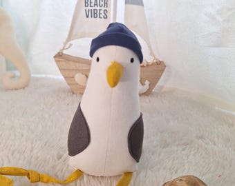 Gabbiano, gabbiano con berretto, oggetto da collezione, decorazione marittima, Mare del Nord, giocattolo a forma di gabbiano, uccello marino, animale di peluche, gabbiano, edge sitter, pronto per la spedizione