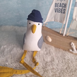 Seagull , Seagull with cap, Collector&#39;s item, Nautical decor, North Sea, Seagull toy, Seabird, Soft toy, Seagull, Edge stool, Ready to ship
