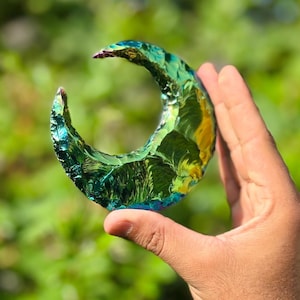 Titanium Angel Aura Moon | 3" Handmade Rainbow Crystal Moon for Healing, Energy Work & Décor | EXQUISITECRYSTAL