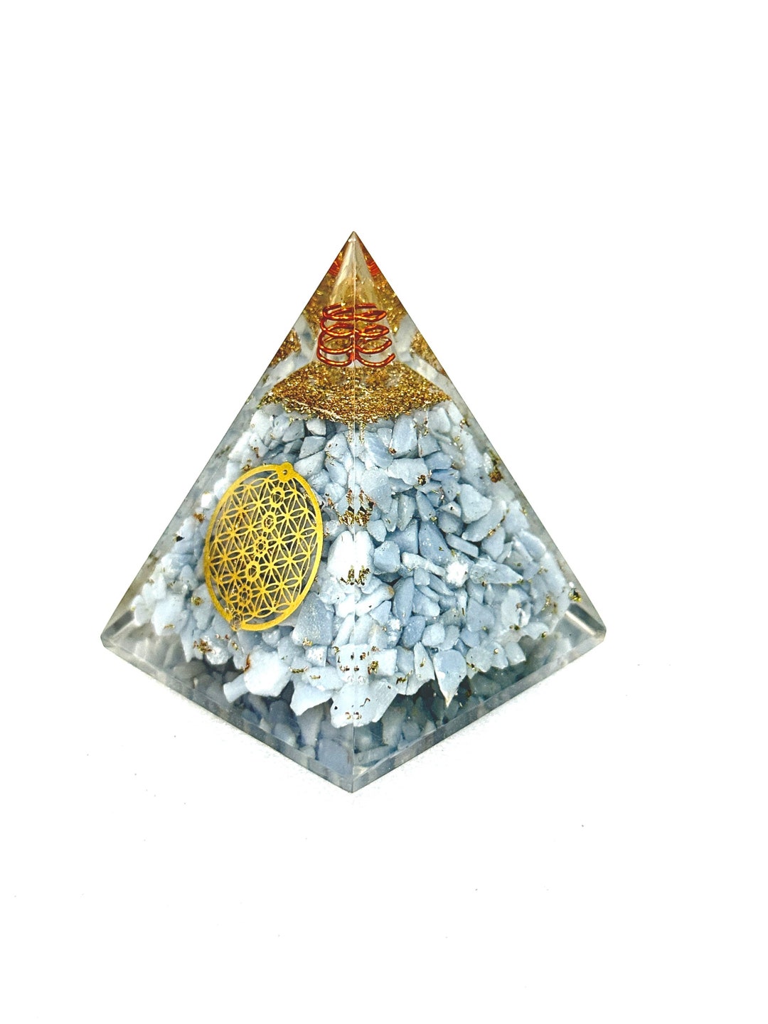 Angelite 80MM Orgone Pyramid With Flower OF Life Sign & Clear Quartz ...
