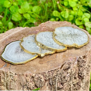 Natural White Agate Coasters | Gold Electroplated Coaster set Agate Slices | Coffee Table | Home Decor Salt Coasters | Crystal Gifts | Stone