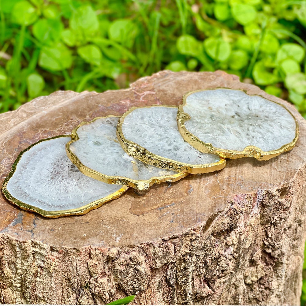 Natural White Agate Coasters Gold Electroplated Coaster Set Agate Slices Coffee Table Home Decor Salt Coasters Crystal Gifts Stone Etsy