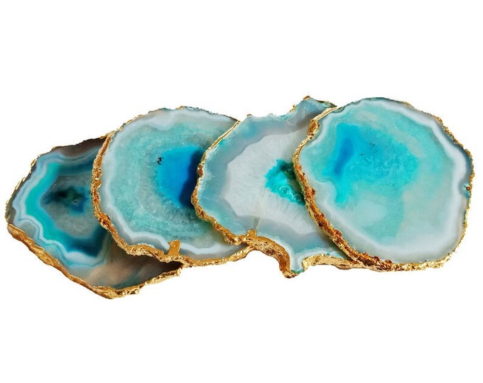 Sky Blue Agate Coasters With Gold Toned Edge Geode Coasters Handmade for Gifts and Home Decor