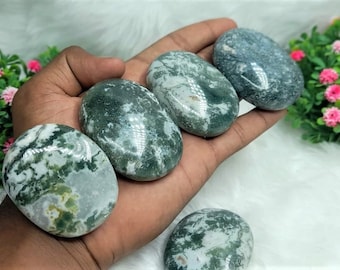 5 Moss Agate Palm Stones: Healing Crystal Pocket Stones (2.5-3 inch)