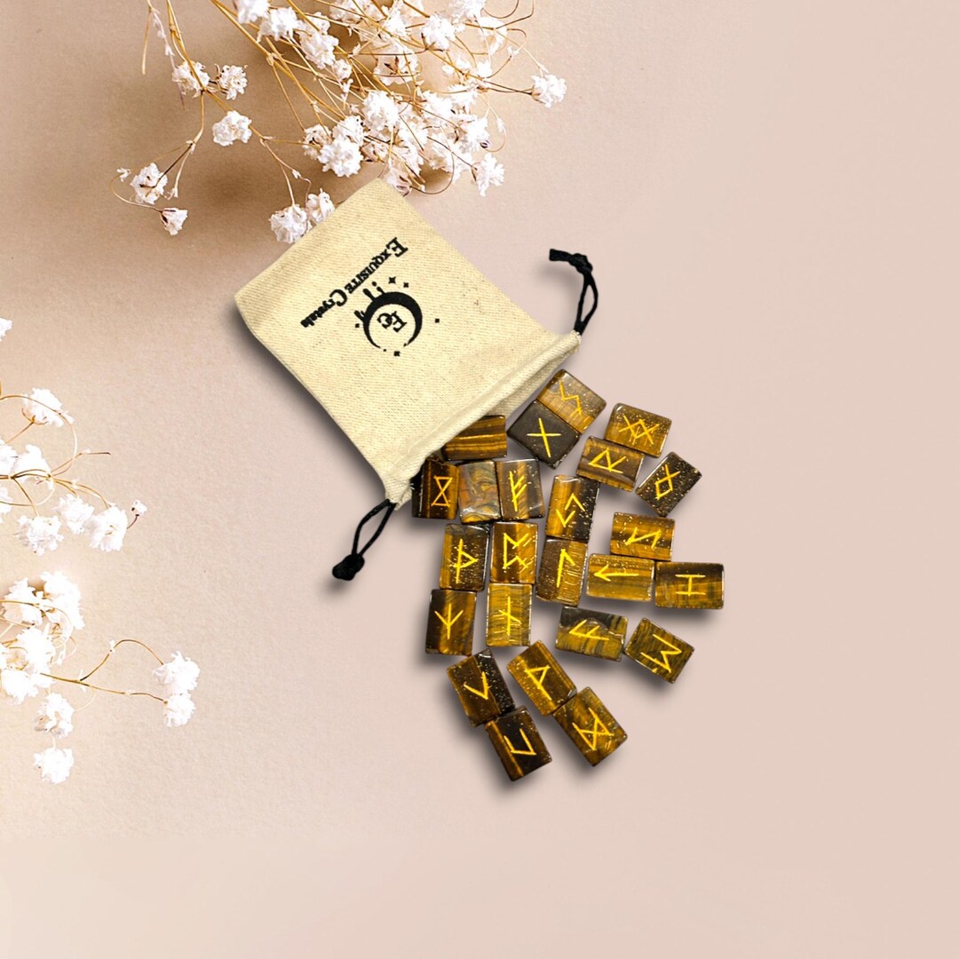 Tiger Eye Rune Set | 25 Elder Futhark Norse Stones | Gold Engraved ...