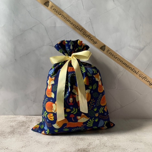 Foxes woodland fabric reusable gift bag, navy cotton, handmade Eco friendly gift wrapping, children birthday, gift for kids, fox lover gifts