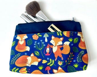 Fox fabric cosmetics bag, navy storage pouch, zipped travel size makeup bag, lined fabric bag with front pocket, pencil case, childrens bag